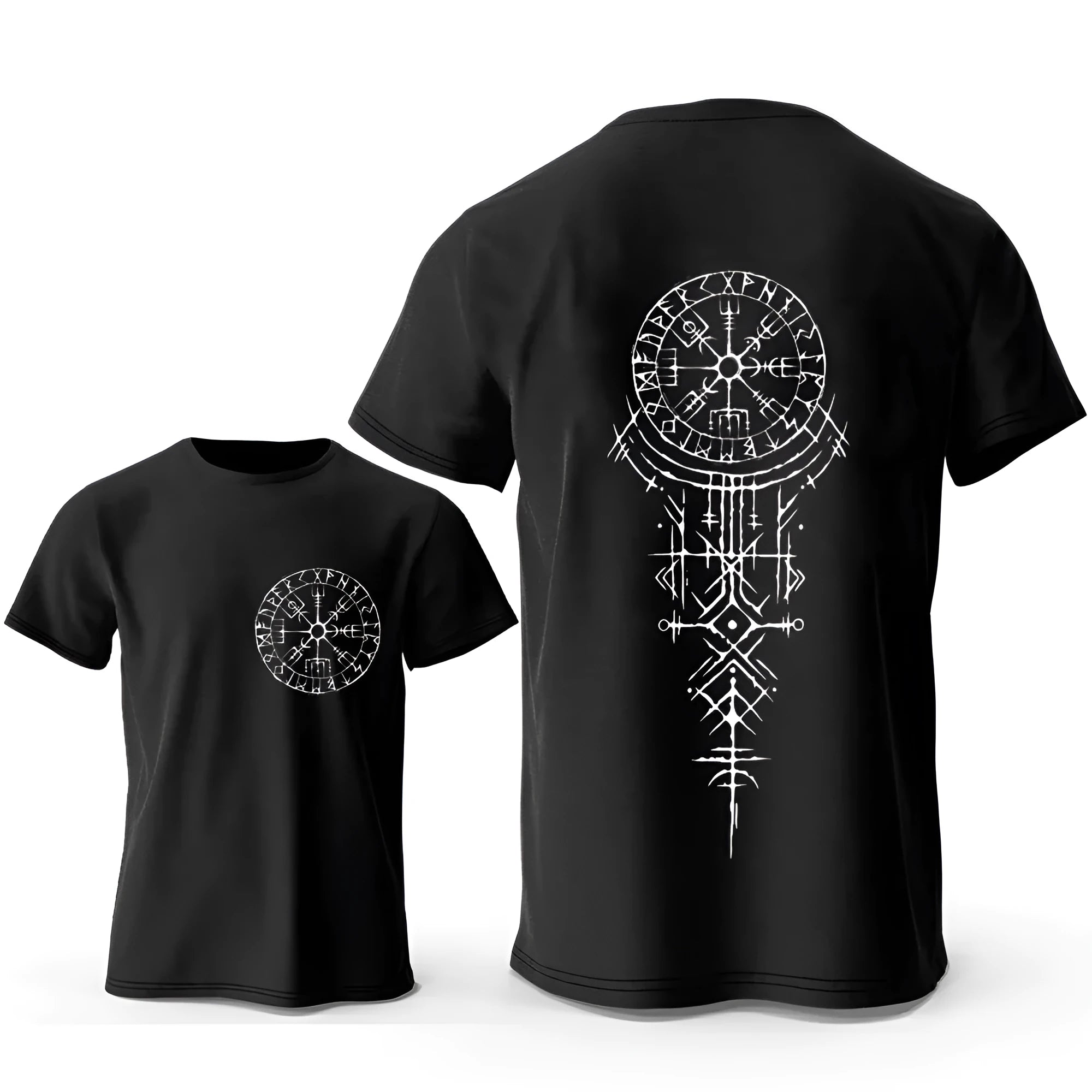 Man's grey t-shirt with a detailed Viking rune compass graphic printed on the chest.