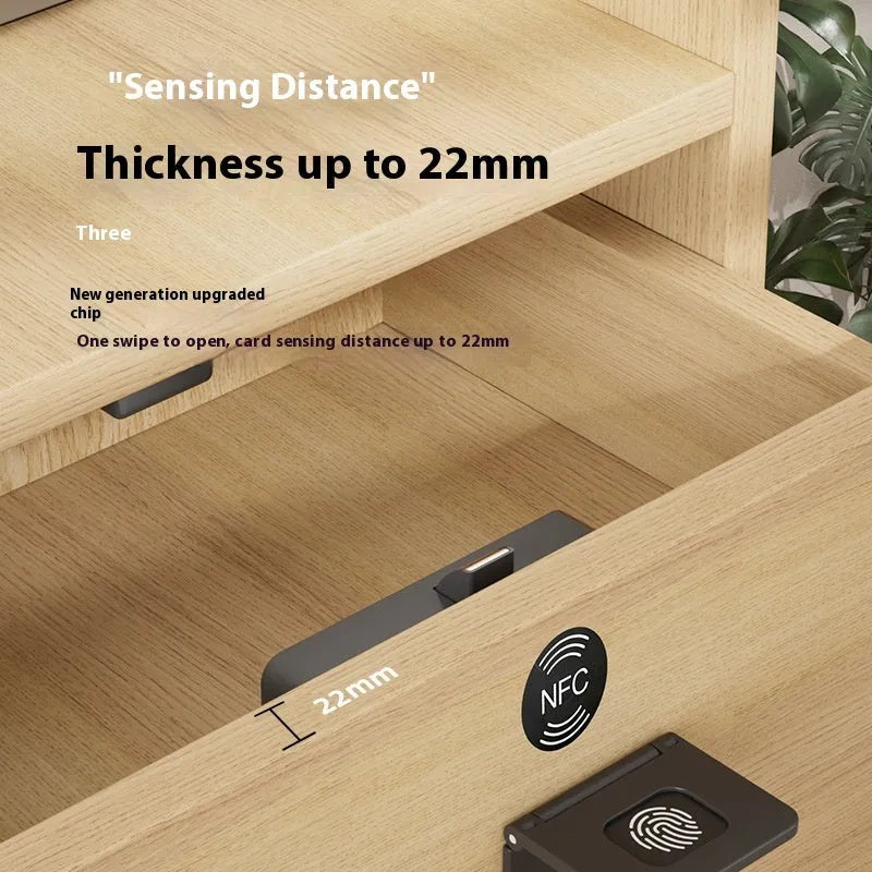 F079 punch-free invisible electronic drawer lock with key on modern drawer.