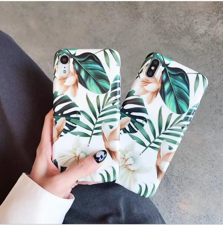 Compatible iPhone phone case with banana leaf floral design in TPU material for multiple iPhone models