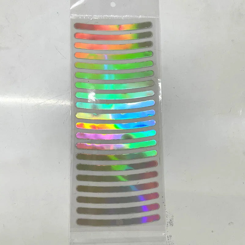 20-piece pack of multicoloured reflective PVC stickers for car and bicycle wheel hubs.