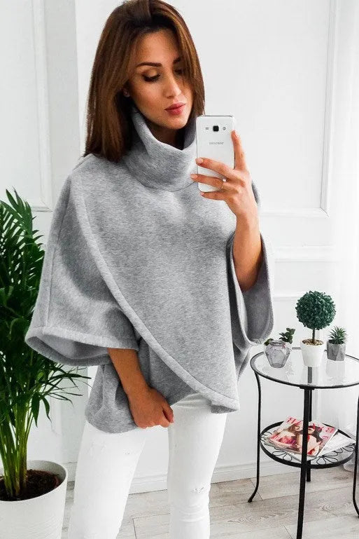 Women's long black batwing sleeve cardigan sweatshirt with three buttons and extended length