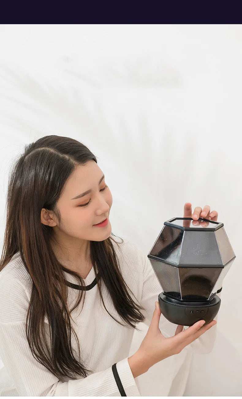 Children's rotating stars LED night light projecting three-colour starlight patterns on a bedroom ceiling
