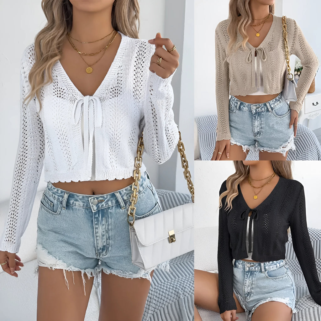 Women's khaki casual coat with lace-up front and hollow-out detail, short length with long sleeves.