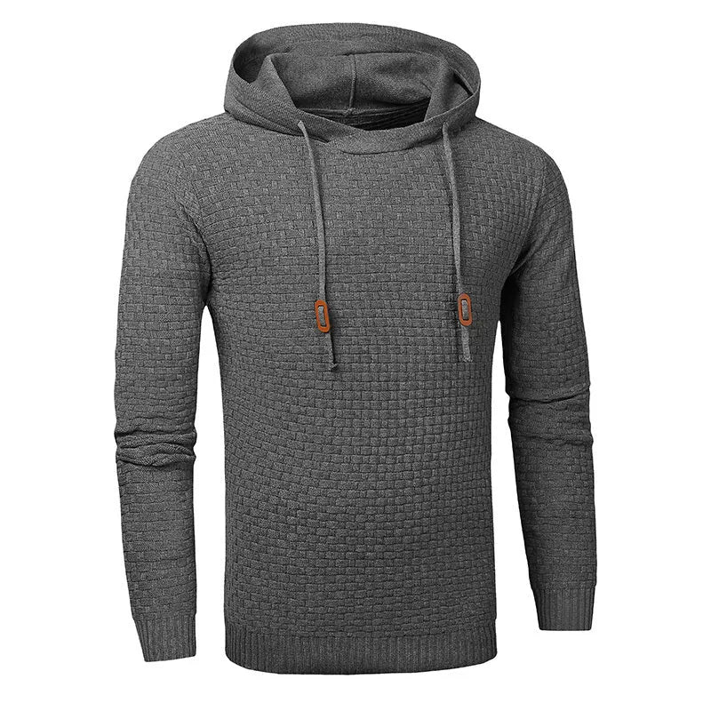 Men's black cotton-polyester blend hooded sweatshirt on a hanger