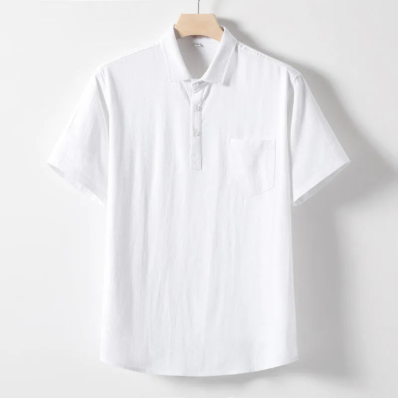 Men's loose lapel linen T-shirt in hemp blend fabric, shown in solid colour options.