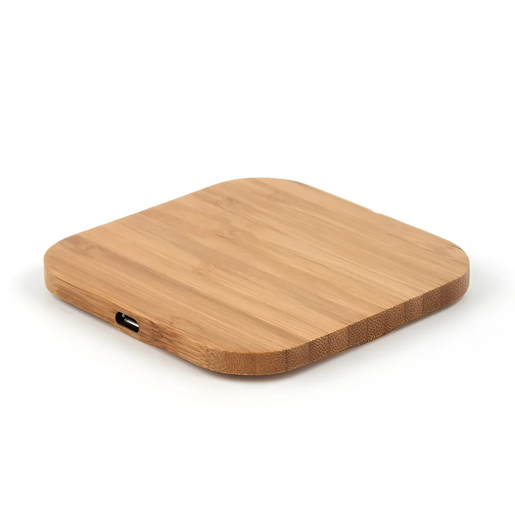 Brown square wooden bamboo wireless charging pad with Qi 5W charging capability