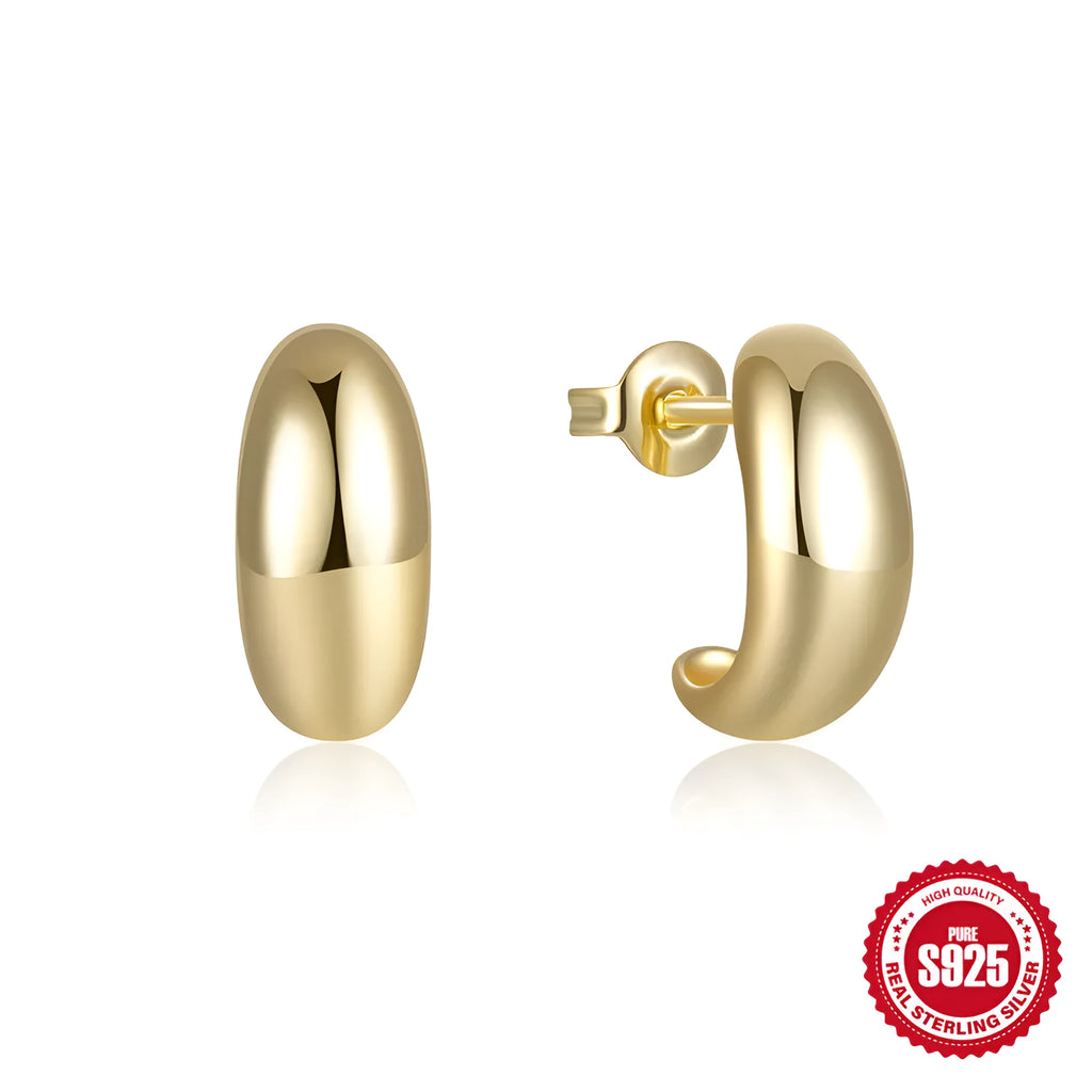 Sterling silver C-shaped stud earrings with glossy electroplated finish in gold or white gold