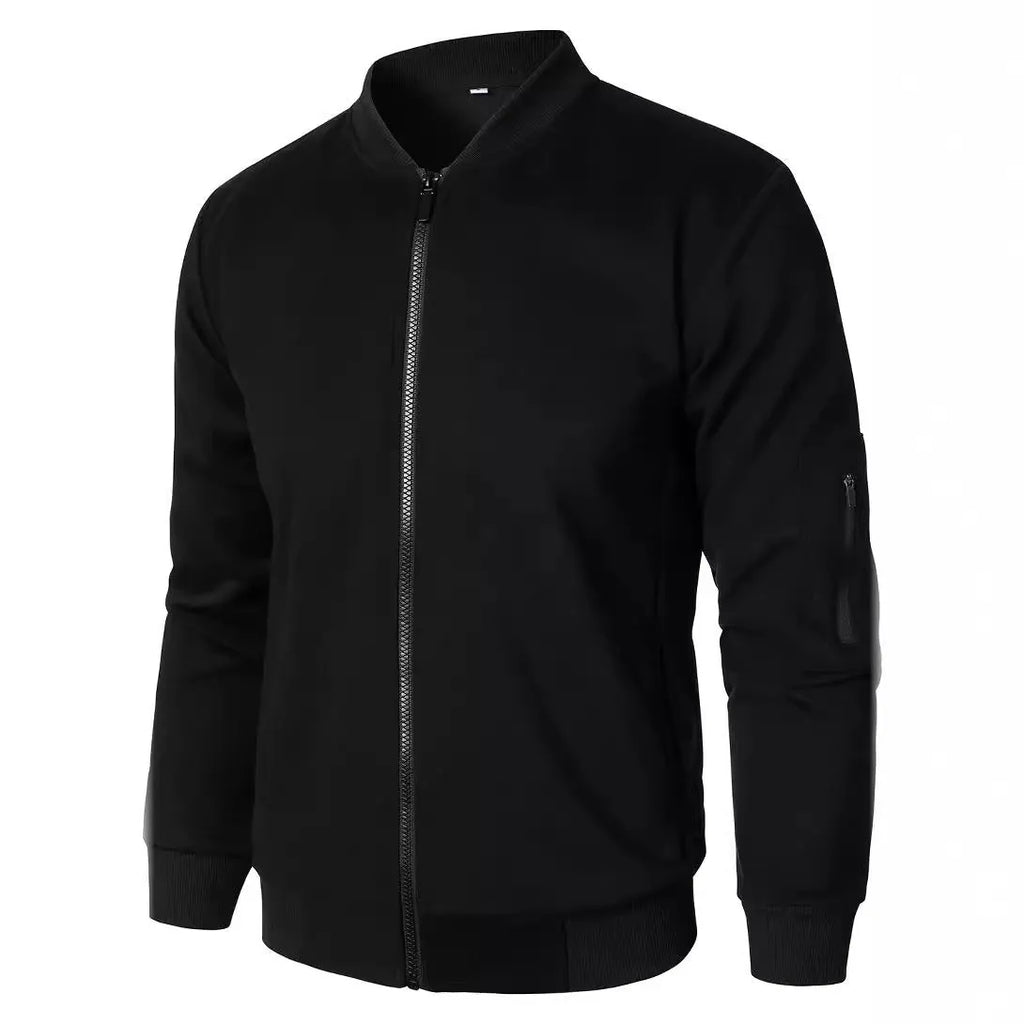A man's loose-fit knitted jacket in a light business style, shown in black.