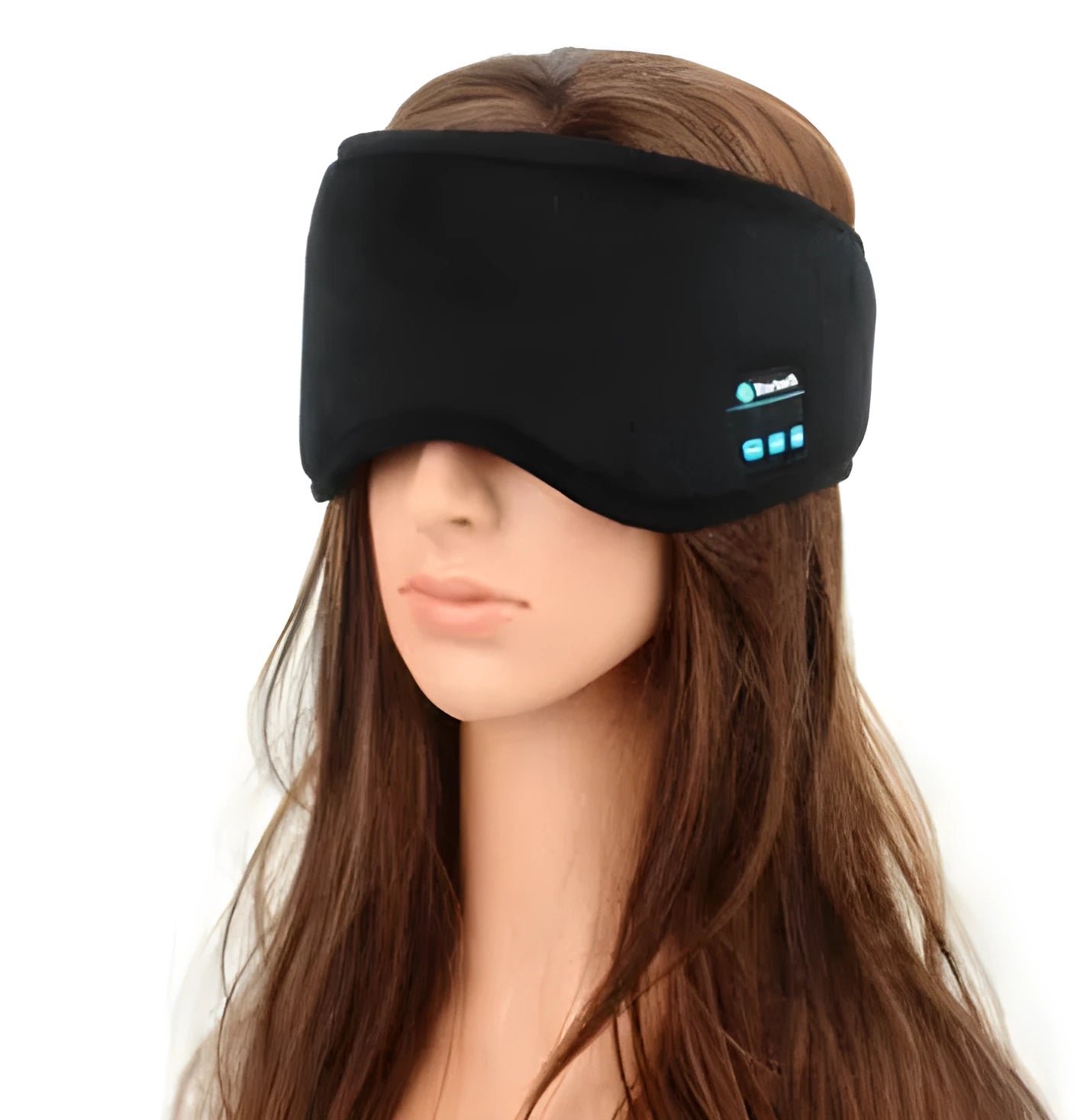 Black wireless Bluetooth sleeping eye mask with integrated speakers for music and sleep