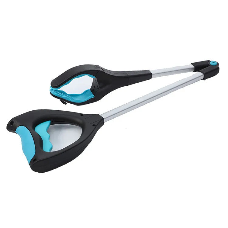 Blue foldable portable pick-up tool with extended aluminium handle and TPR handgrip.