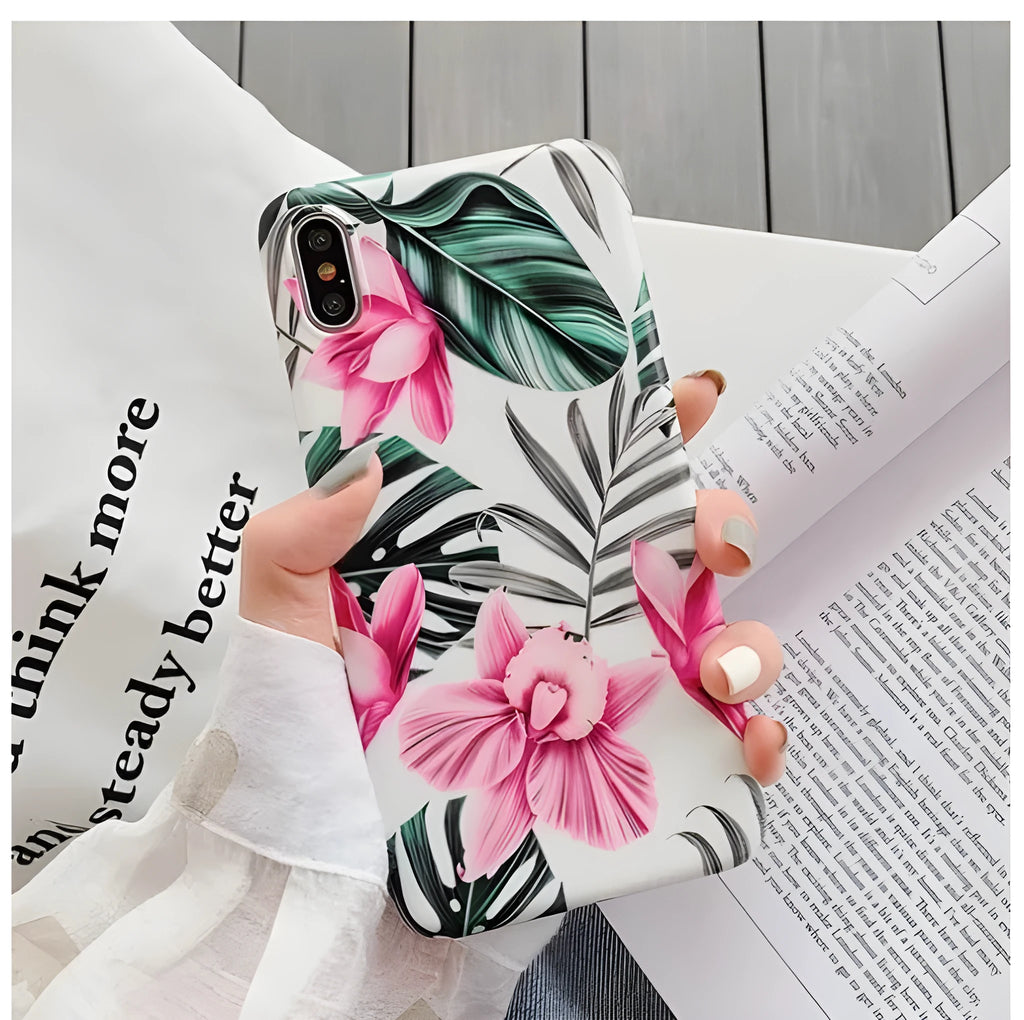 Pink floral pattern TPU iPhone case showing flower design on back cover for multiple iPhone models
