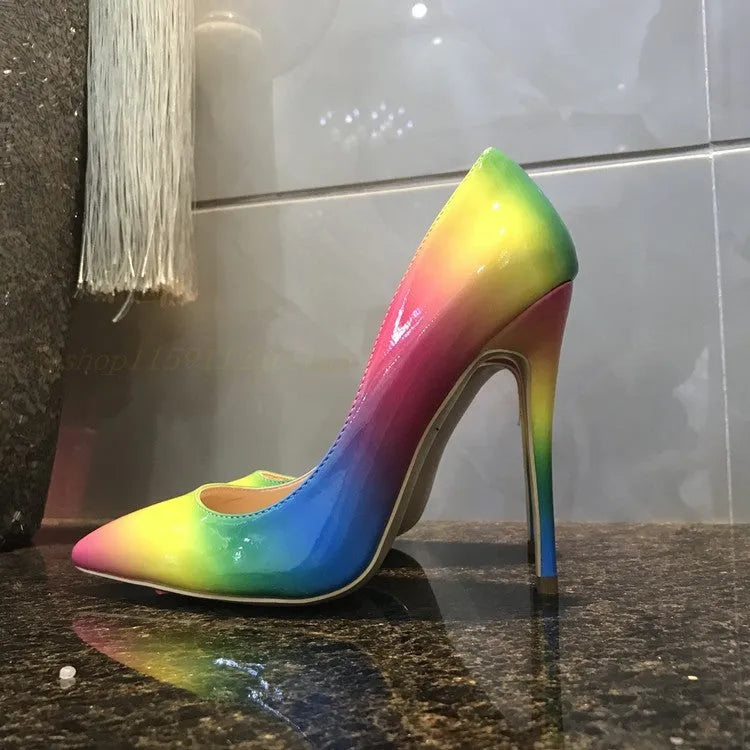 Rainbow patent leather pointed toe high heels with thin stiletto heel on size chart