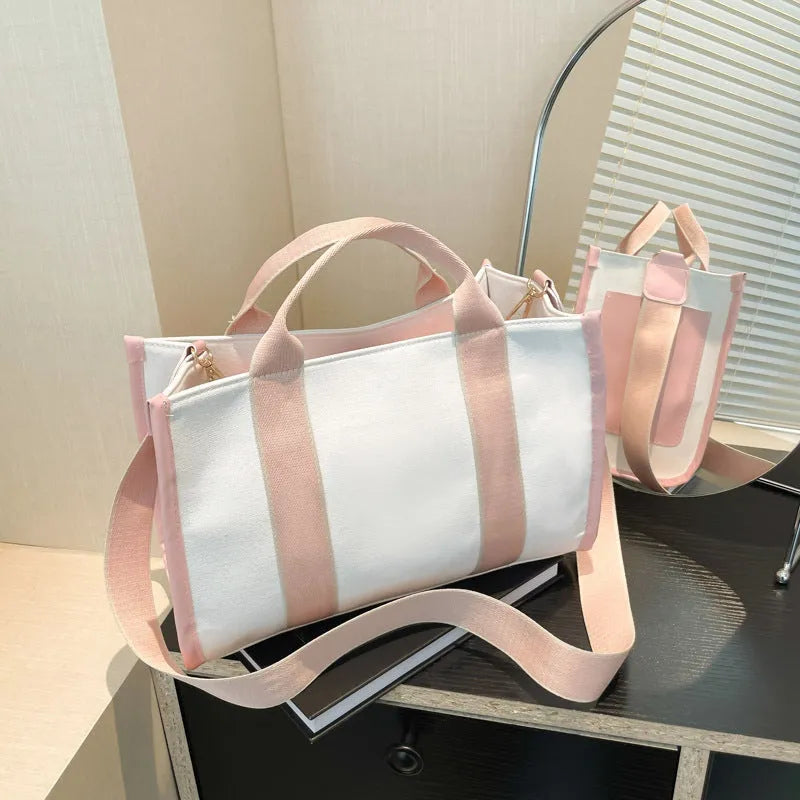 Canvas tote bag for women Korean style large capacity horizontal square shoulder bag in black with spliced design and open pocket