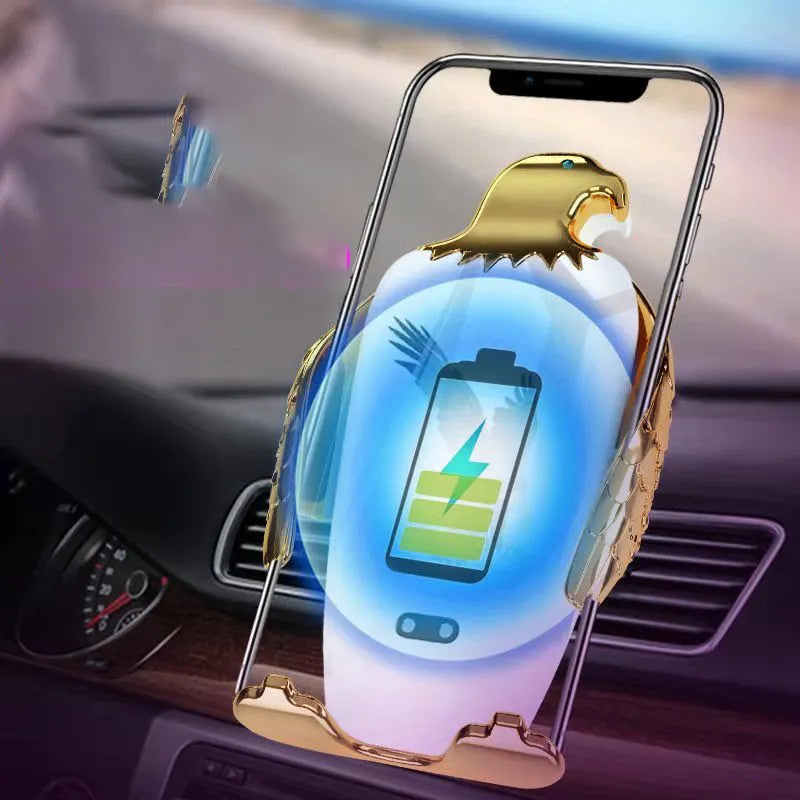 Wireless charging car phone holder with suction cup mount in Eagle design style