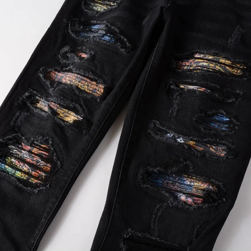 Men's simple print patch tattered black stretch jeans