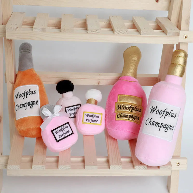 Plush wine bottle pet toy for dogs and cats with squeaker and crinkle sounds in six colour options