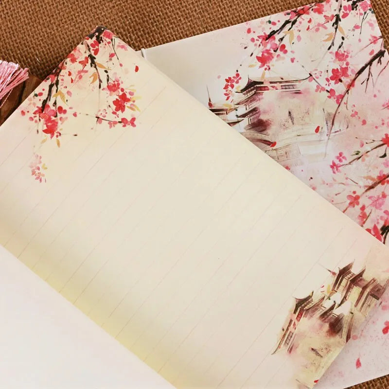 Watercolour retro Chinese style thread-bound notebook with Azalea colour paper cover, 140x208mm