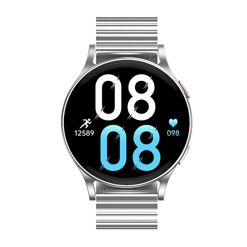 SmartWatch with white background dial and multiple strap colour options steel belt black and silver