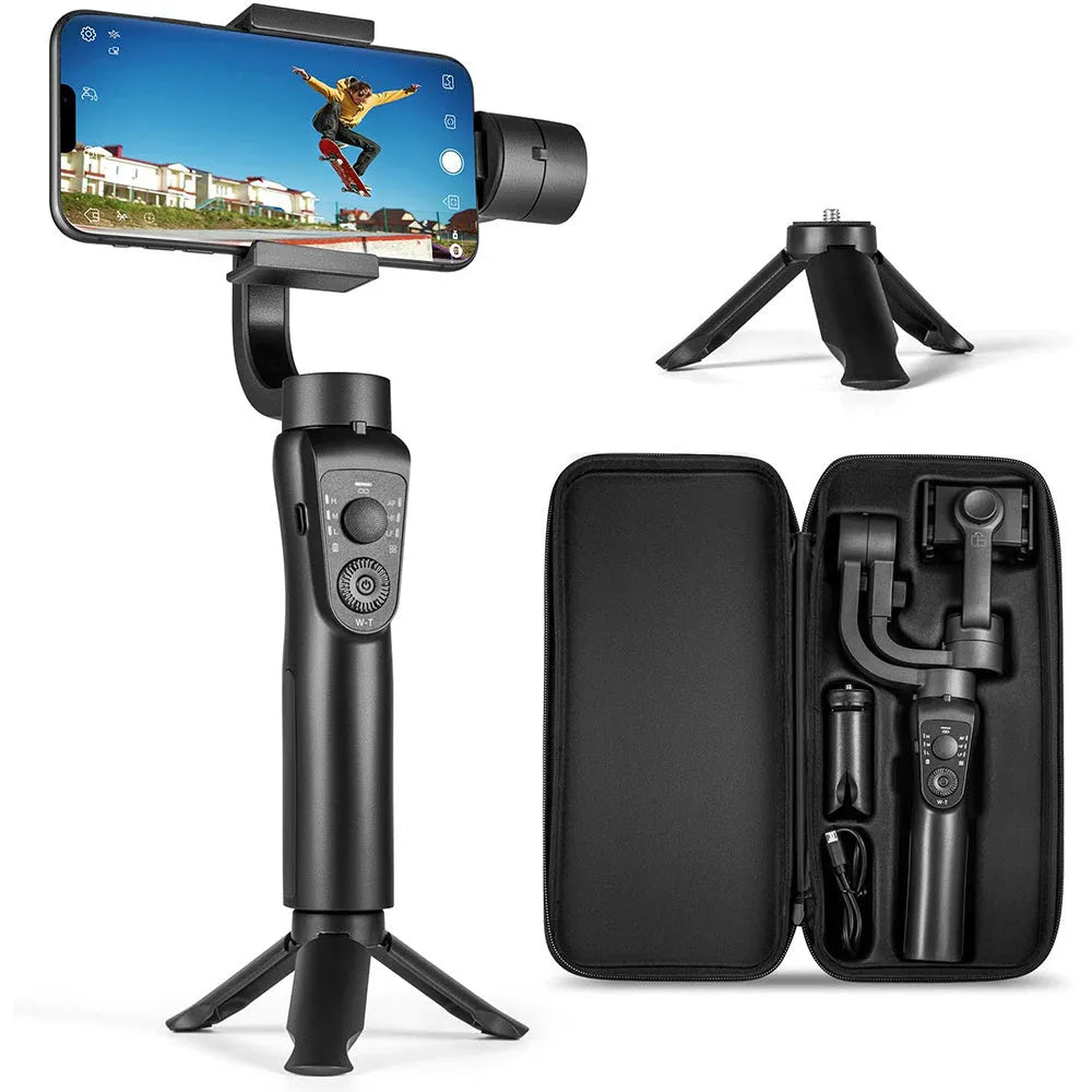 Black three-axis handheld gimbal stabiliser for mobile phones with tripod accessory
