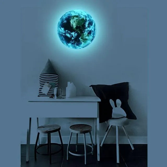 Glow in the dark 3D Earth wall sticker showing planet detail, available in 10cm 20cm 30cm sizes