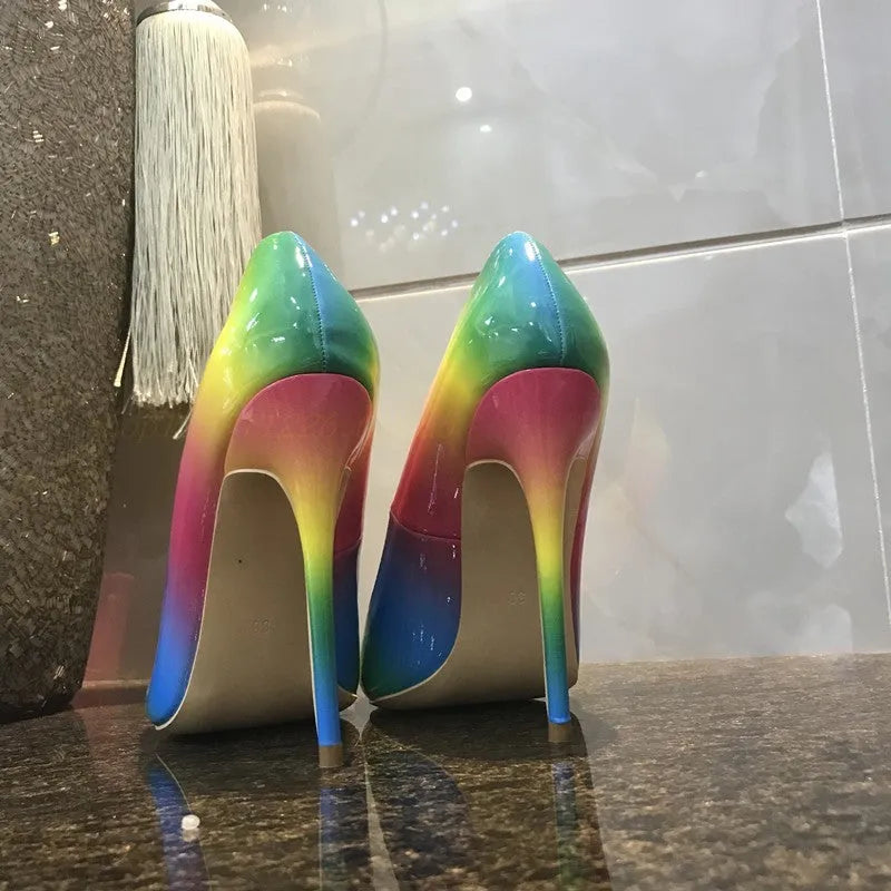 Rainbow patent leather pointed toe high heels with thin stiletto heel on size chart