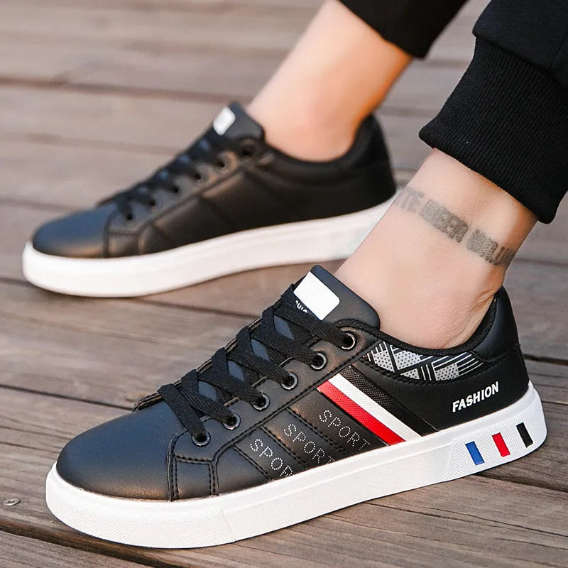 Men's sports shoes in black, grey, or white on a size chart showing UK sizes 39 to 44.