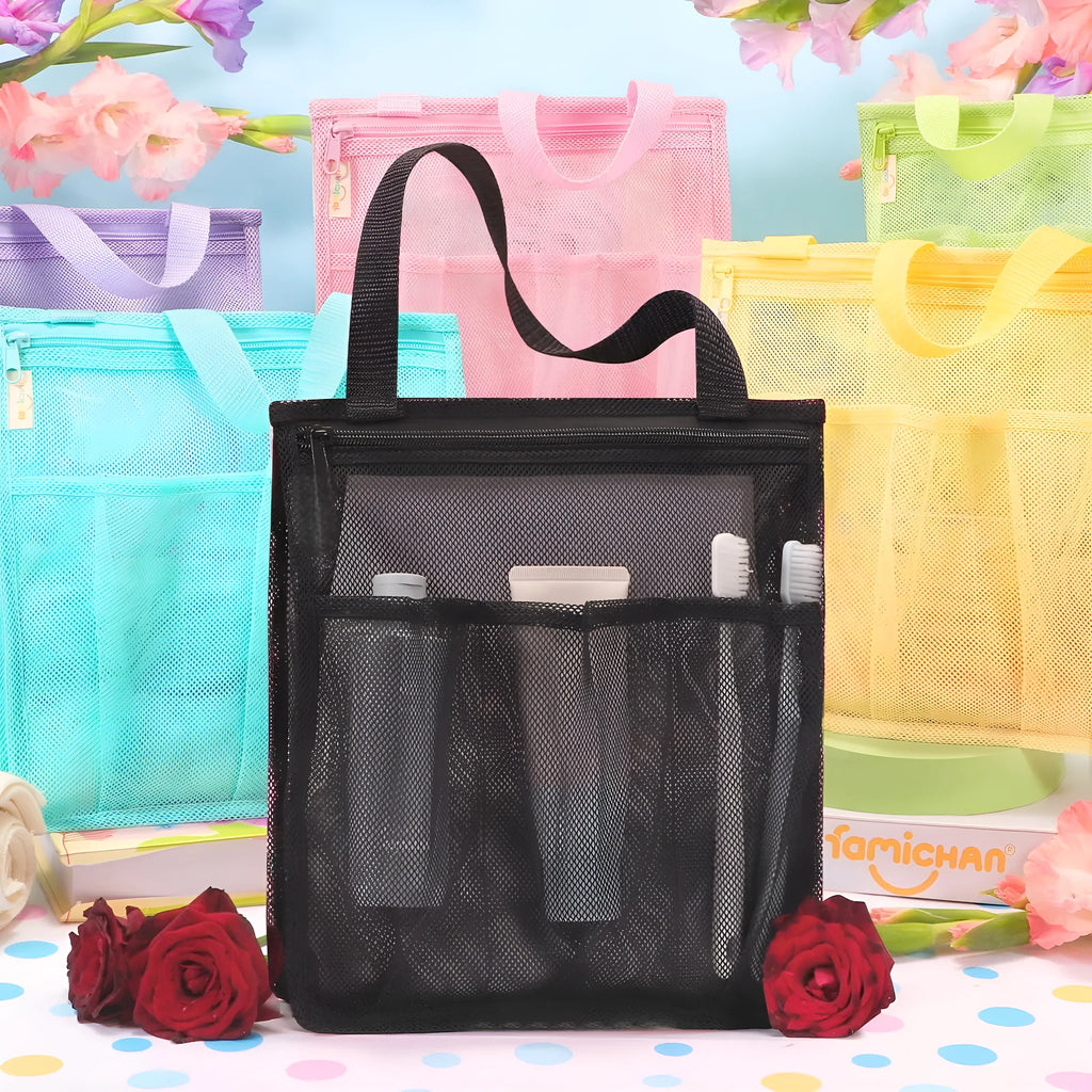Large black and pink swimming gym bag showing separate wet and dry compartments and a mesh pocket