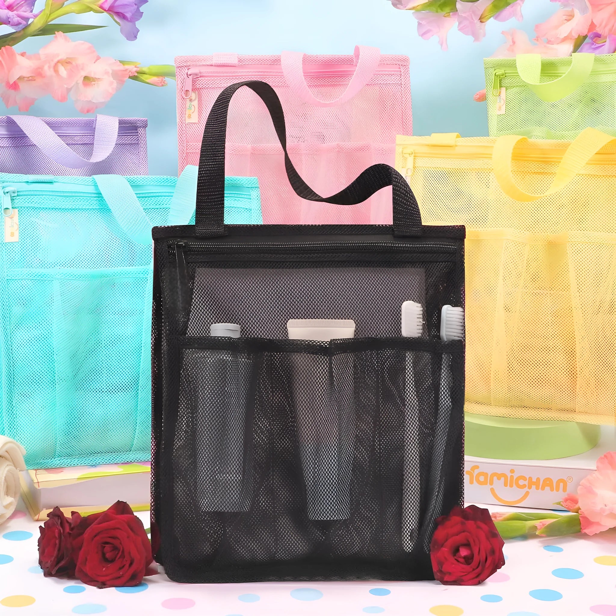 Large black and pink swimming gym bag showing separate wet and dry compartments and a mesh pocket