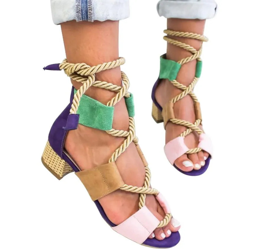 Women's suede sandals with colour-matched thick heel and round toe front strap design