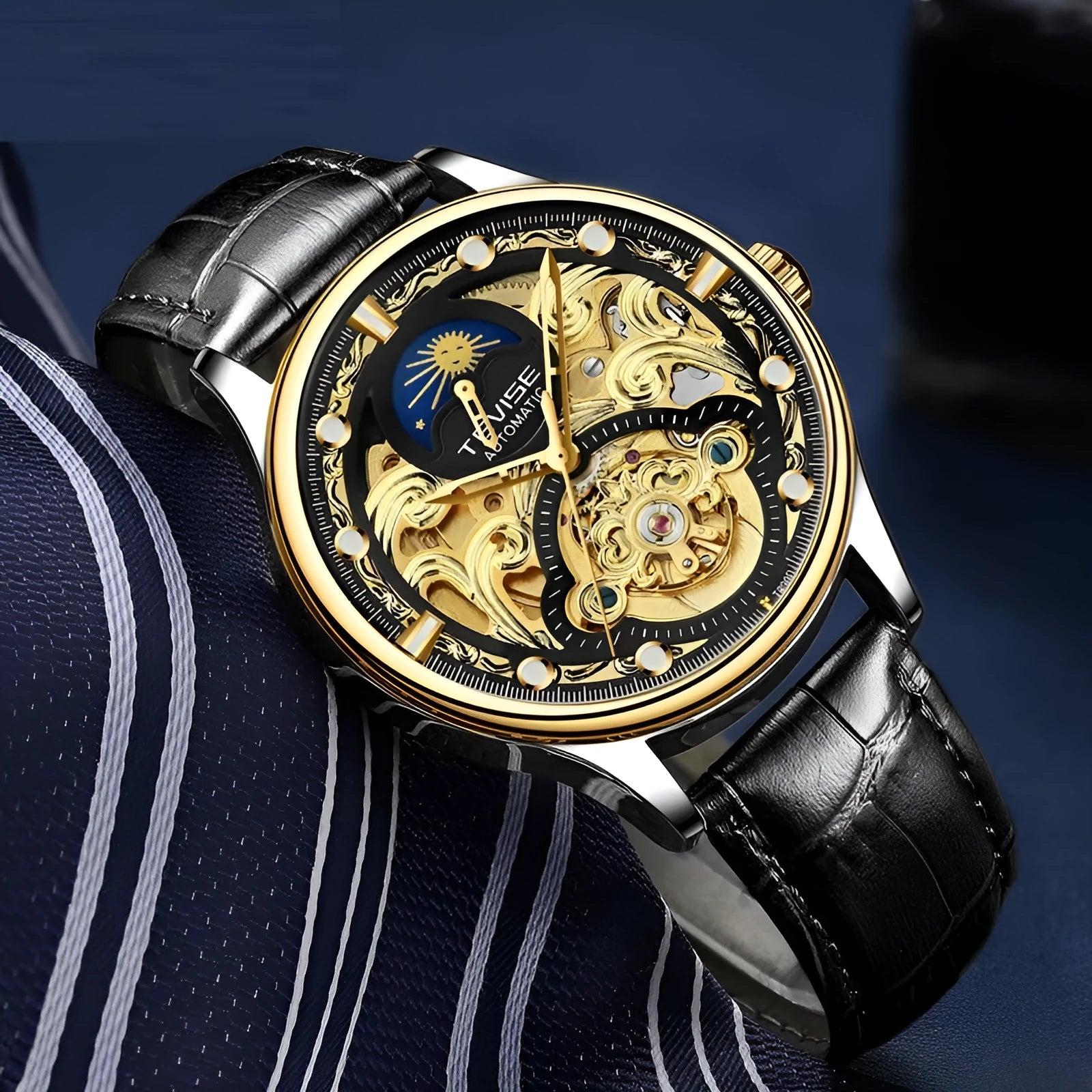 Men's gold and white leather strap automatic mechanical watch with 16mm thickness waterproof case