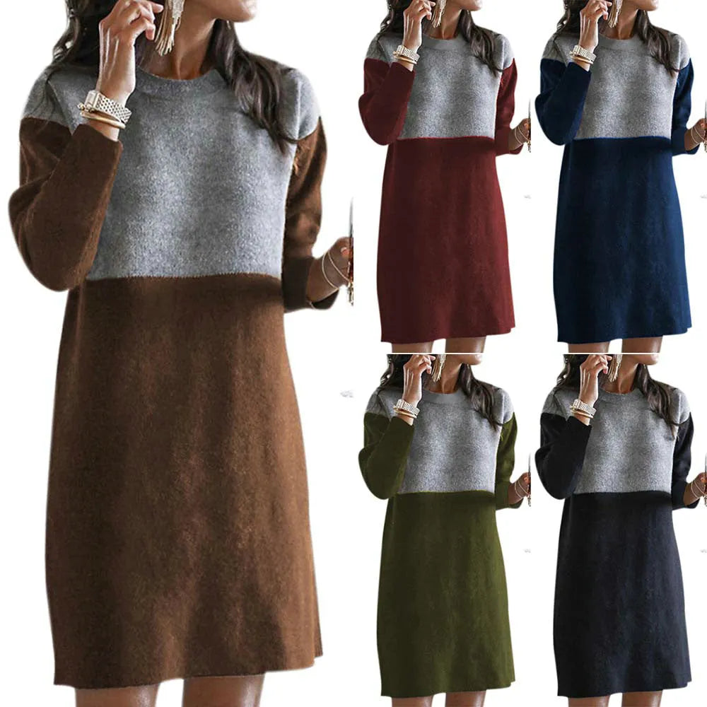 Brown women's polar fleece patchwork skirt dress with collage stitching and long sleeves