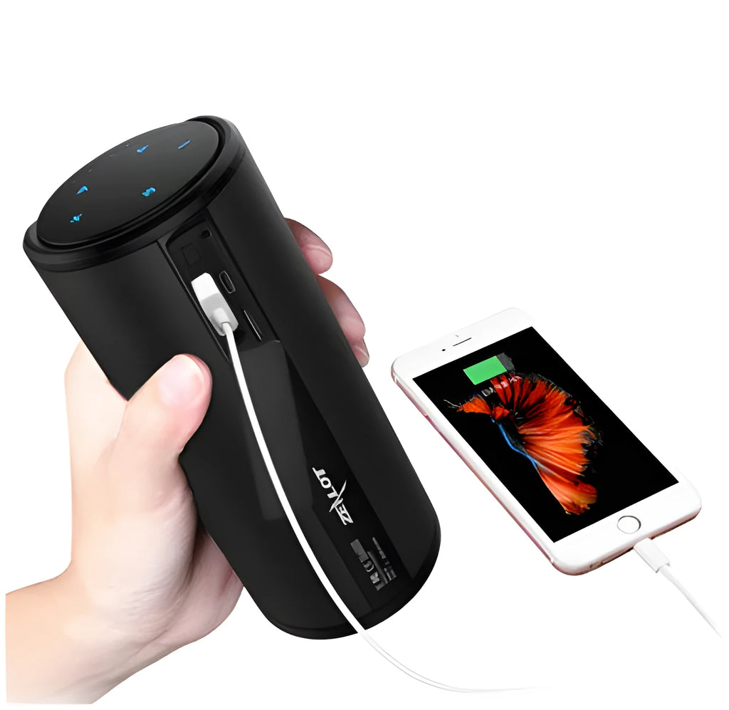Compact portable Bluetooth speaker in black, blue, or red colour with dimensions 72x72x170 mm.