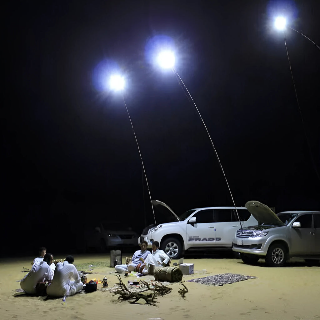 CL-LB-M7 LED light panel mounted on a tall telescopic fishing rod with a remote control.