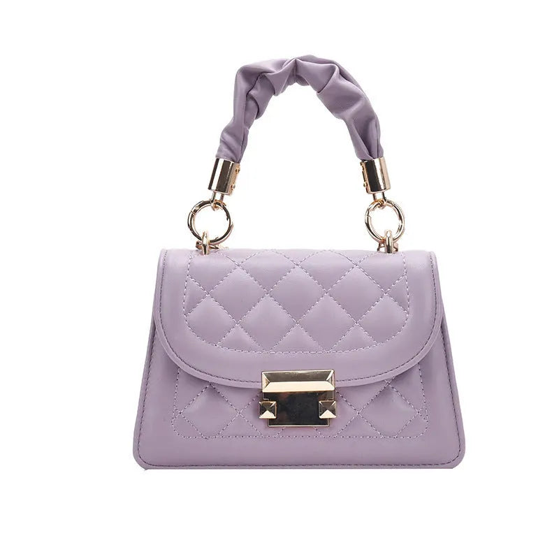 Korean style small square shoulder bag in purple with crossbody strap and structured design