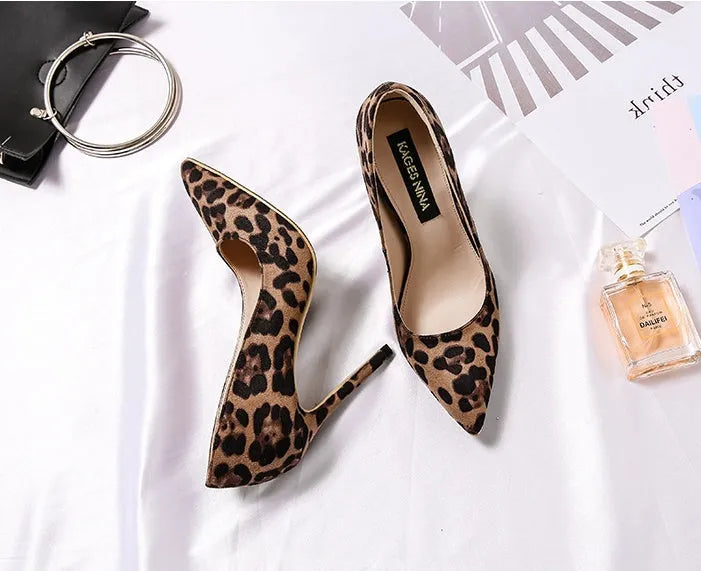 Leopard print women's pumps with 10cm stiletto heel pointed toe slip-on flock upper