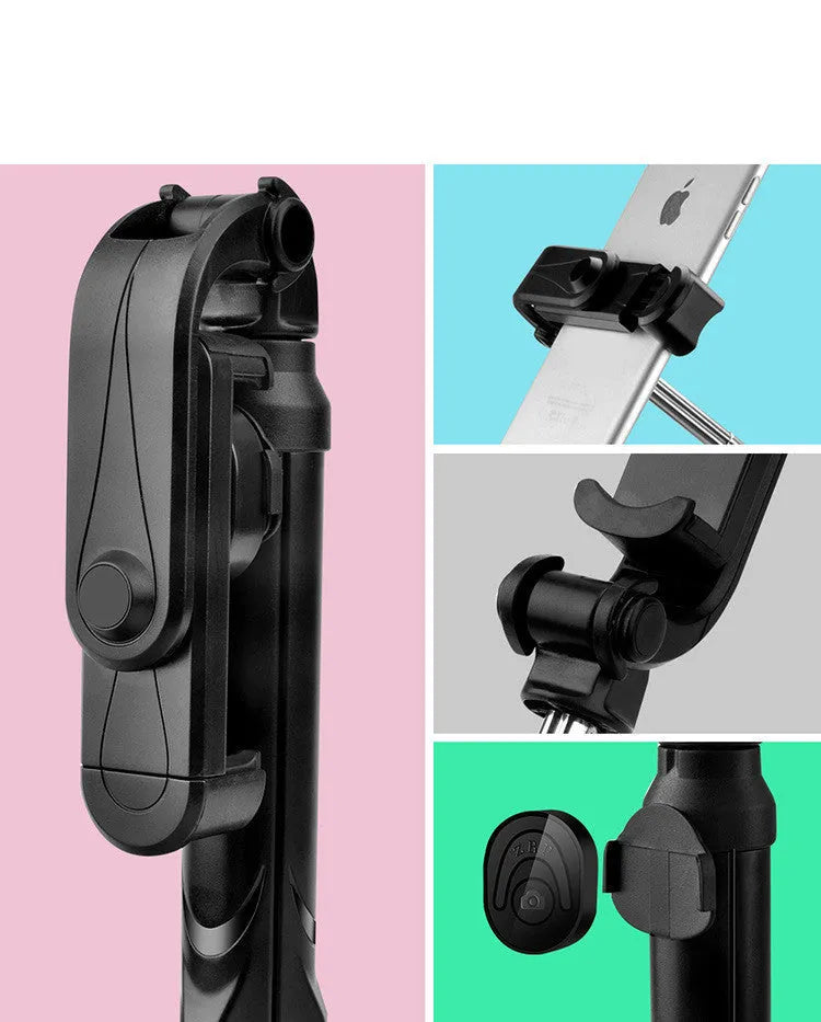 Bluetooth selfie stick tripod with remote control extended, showing adjustable phone clip in black colour.