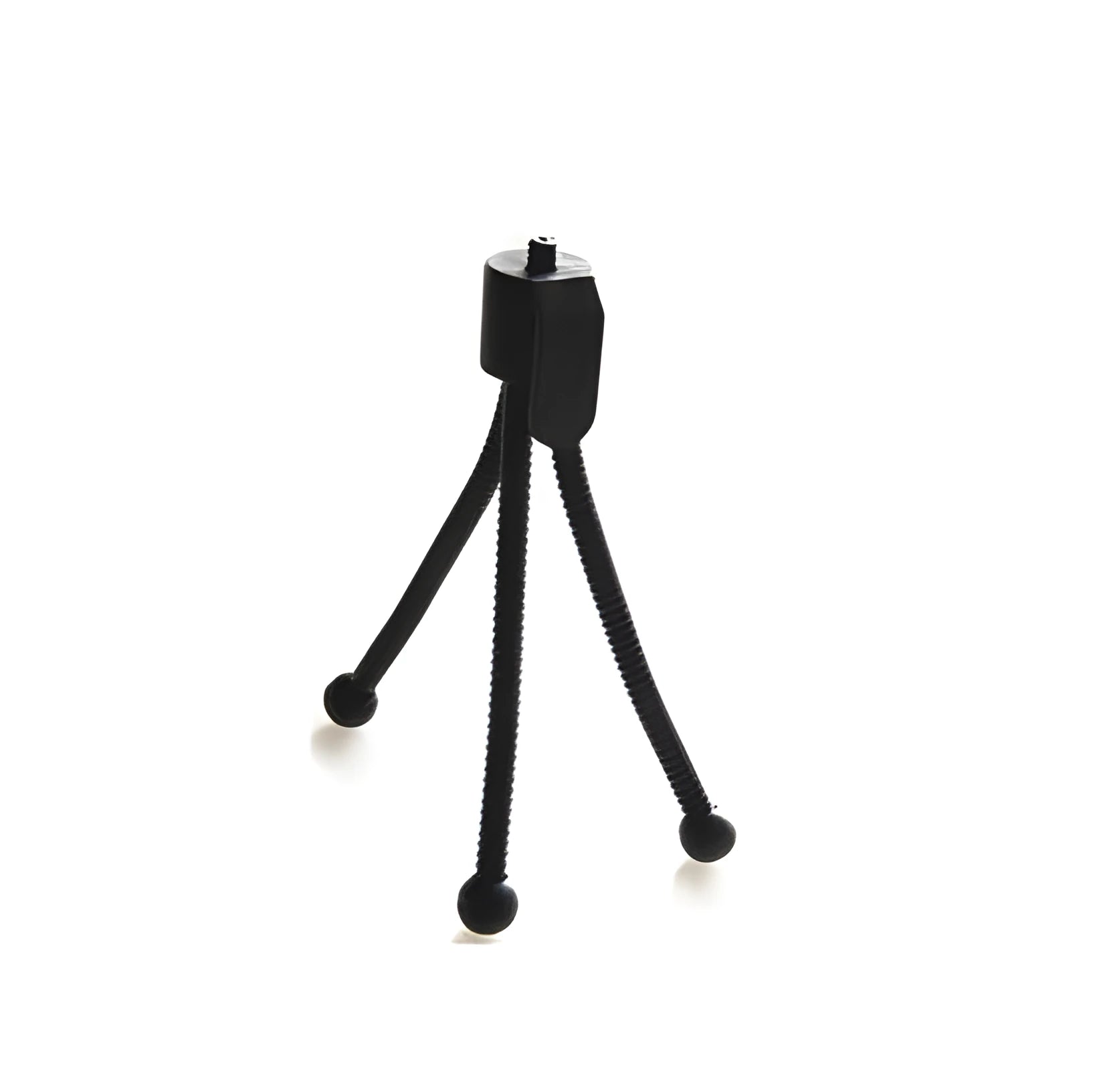 Small aluminium tripod with ball head collapsed to 110mm height next to mobile phone
