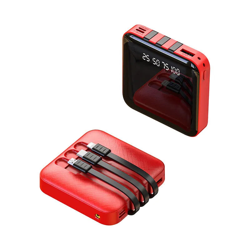Black mirror-finish power bank with built-in three-in-one charging cable, showing 10000mAh capacity.
