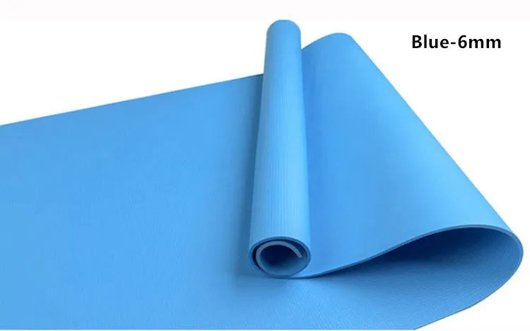 EVA fitness yoga mat in choice of 4mm or 6mm thickness, shown in blue colour with anti-skid texture.