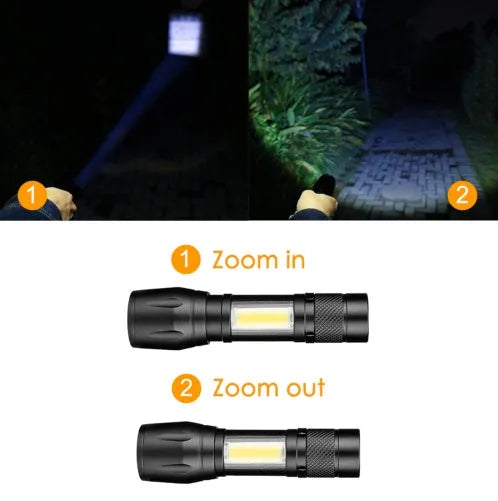 Small black aluminium alloy LED flashlight with telescopic zoom head and pocket clip.