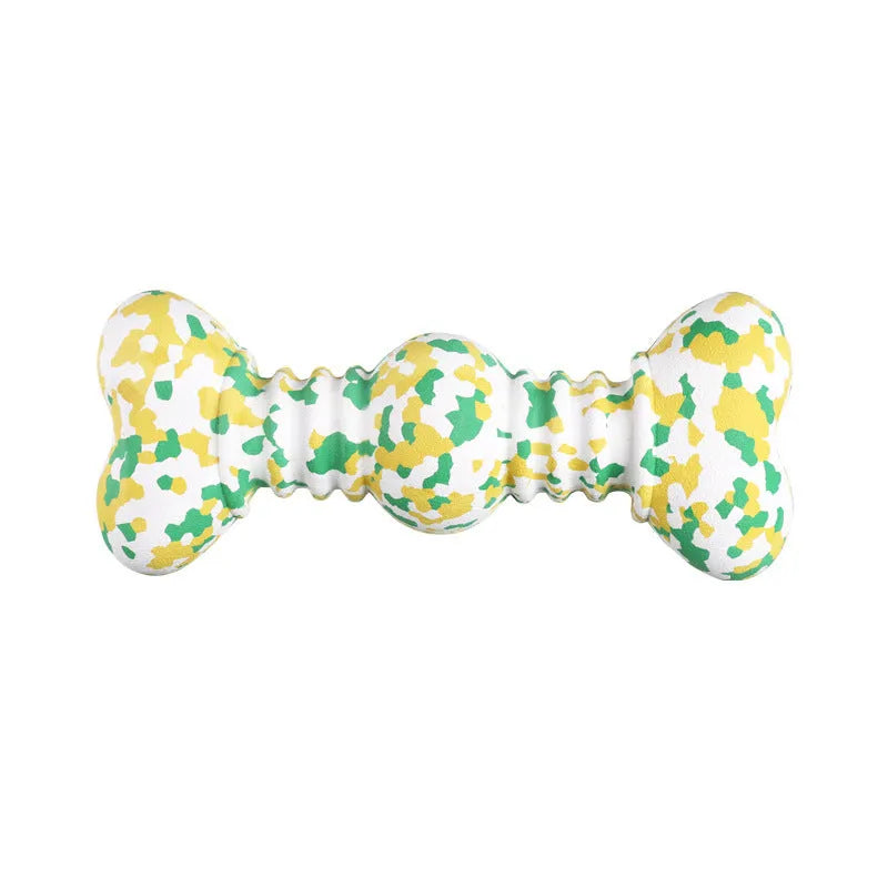 Natural rubber dog chew toy with camouflage pattern, shown in green, white, and yellow, bone-shaped for medium and large breed dogs.