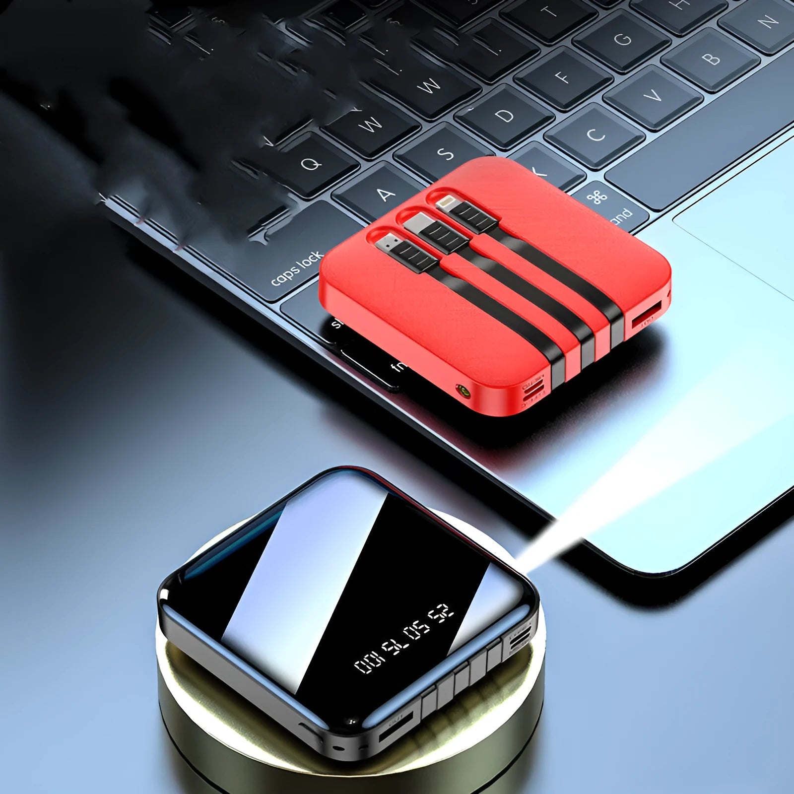 Black mirror-finish power bank with built-in three-in-one charging cable, showing 10000mAh capacity.