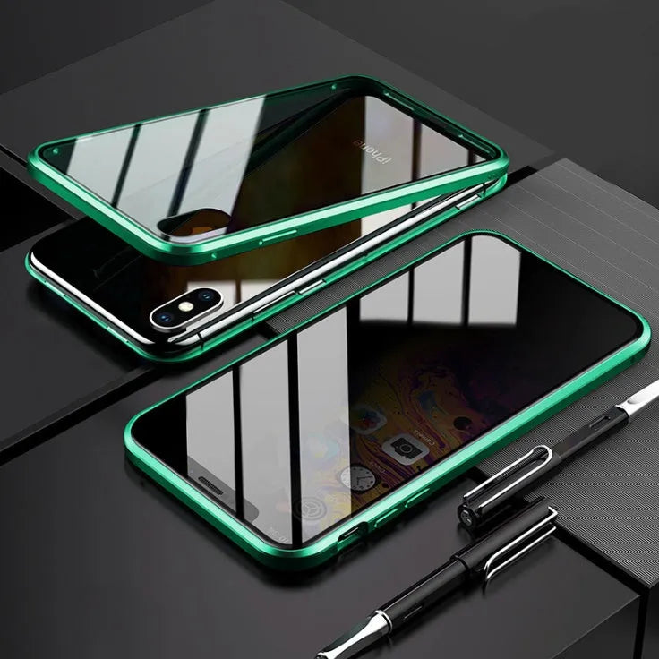 Anti-peeping magnetic phone case for Samsung with double-sided glass and metal frame in solid black colour