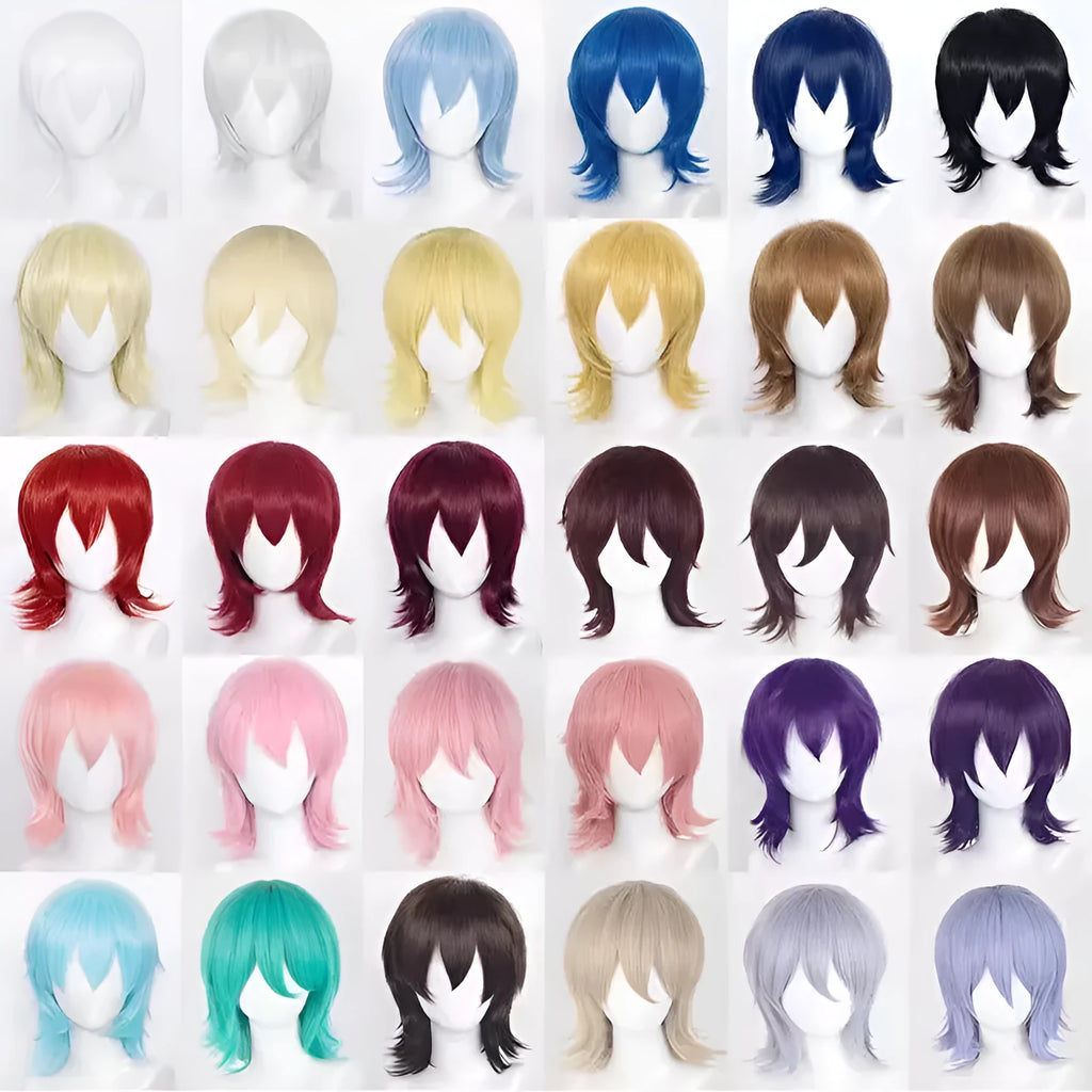 Synthetic short hair anime cosplay wig with anti-curling treatment in various colour options