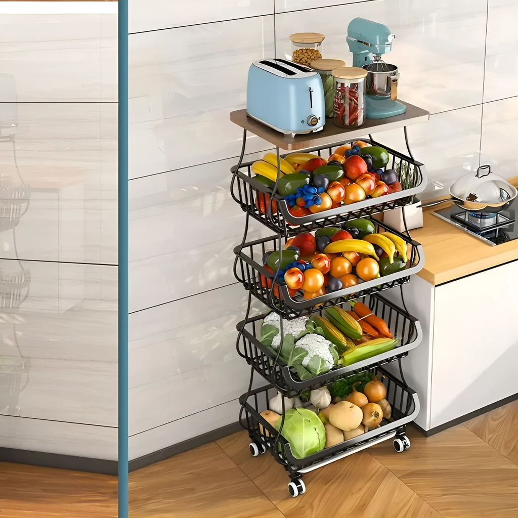 Black 6 layer foldable kitchen trolley rack with carbon steel construction