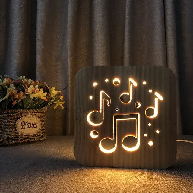 Wooden LED atmosphere lamp with warm white light USB powered measuring 19x19x3 cm