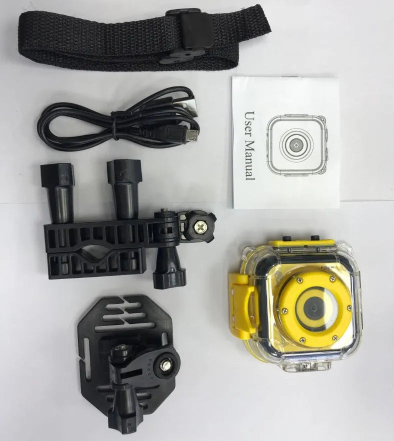 Yellow children's waterproof sports camera with LCD screen showing HD video recording capability