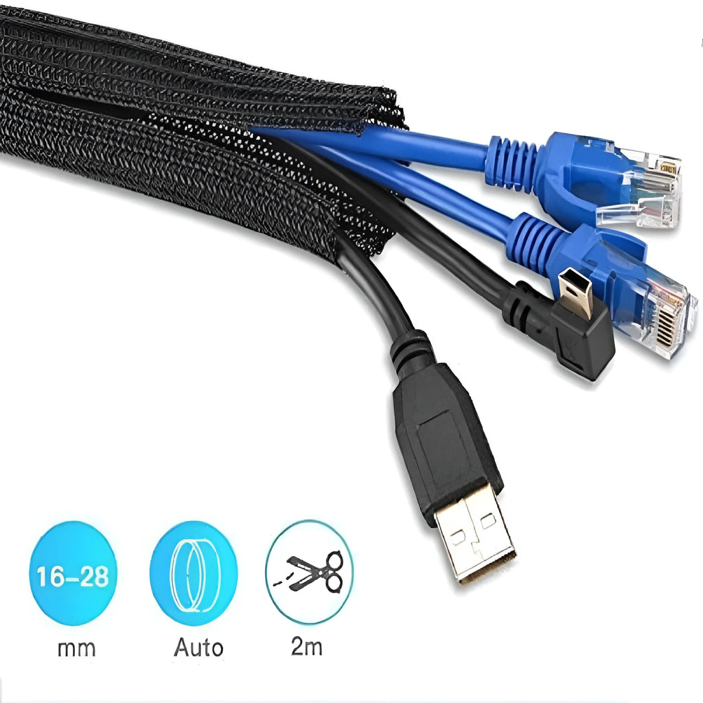 Black self-winding mesh automotive wire protective sleeve showing VW-1 fire rating and temperature range specifications.