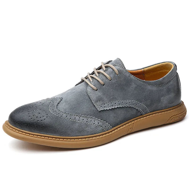 Men's black leather business lace-up shoes with retro stitching on a non-slip rubber sole.