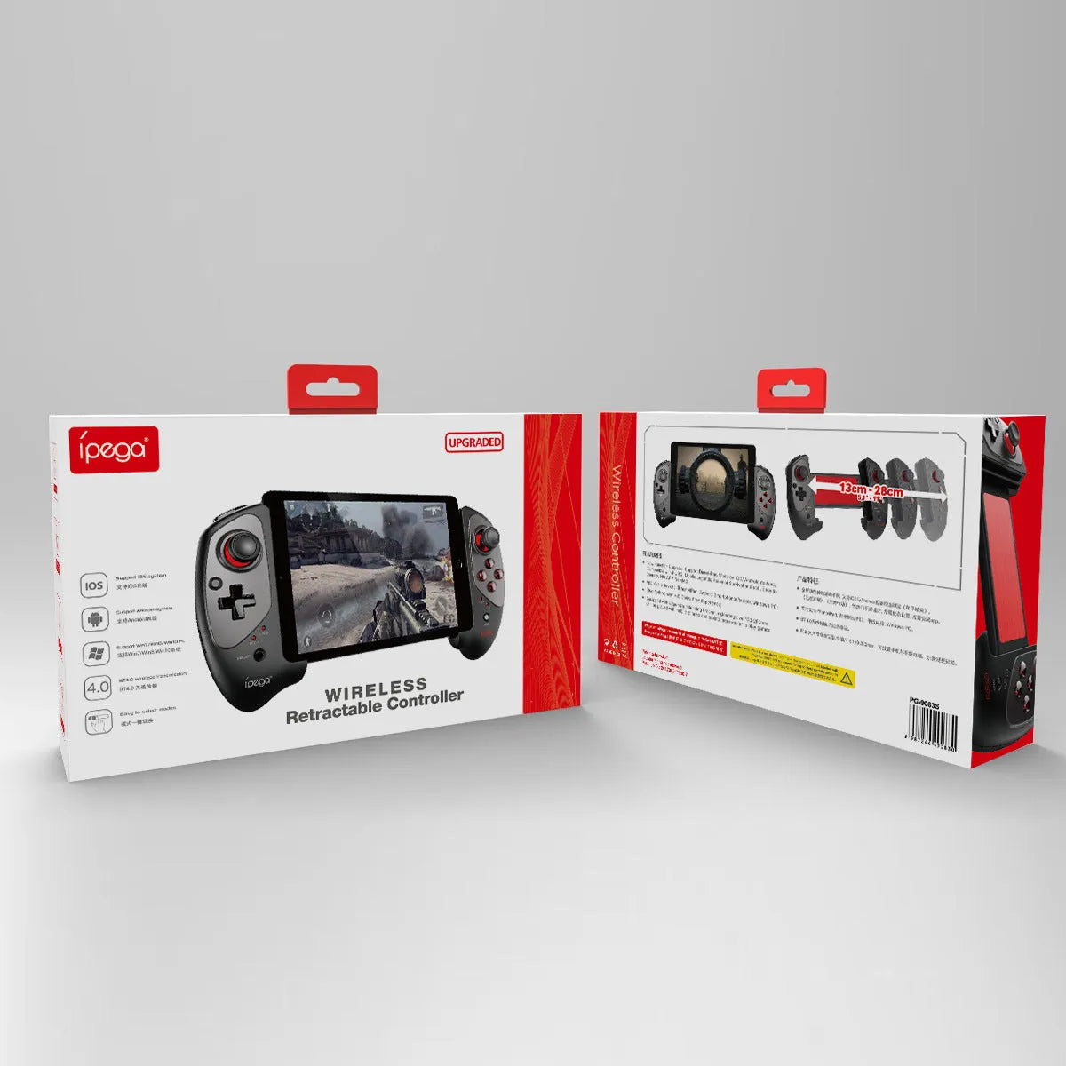 Red telescopic gamepad controller extended with smartphone, showing USB cable and Bluetooth connectivity